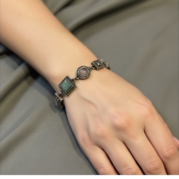 Patricia Locke Signed Silver Tone Bracelet Mixed MultiColor Cabochon Stone BOHO - Picture 6 of 6